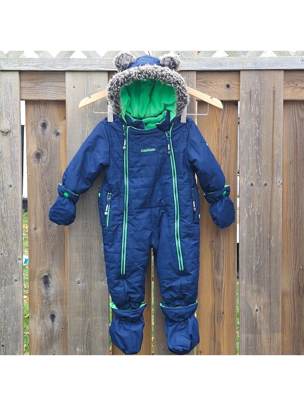 CUTE OshKosh Baby Boy 1-Piece Taslan Snowsuit - Blue Baby Bear Ears